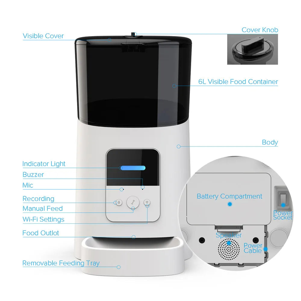 Smart 6L WiFi Automatic Pet Feeder - Timed Food Dispenser for Cats & Dogs with APP Control